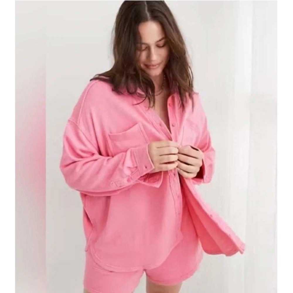 Aerie LumberJane Fleece Shirt Shacket Oversized S Lightweight Layer Pockets Pink